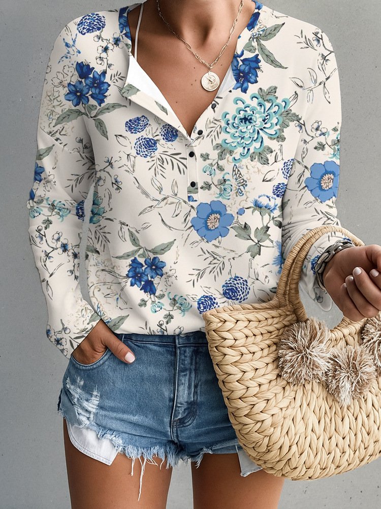 Women Geometric Long Sleeve Tee T-shirt V Neck Printing Vintage Spring/Fall Top