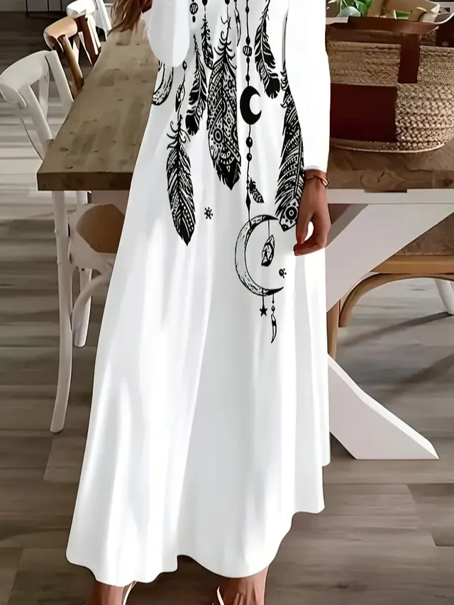 Women Ethnic Long Sleeve Spring/Fall Printing Dress V Neck Daily Casual Maxi H-Line Dress