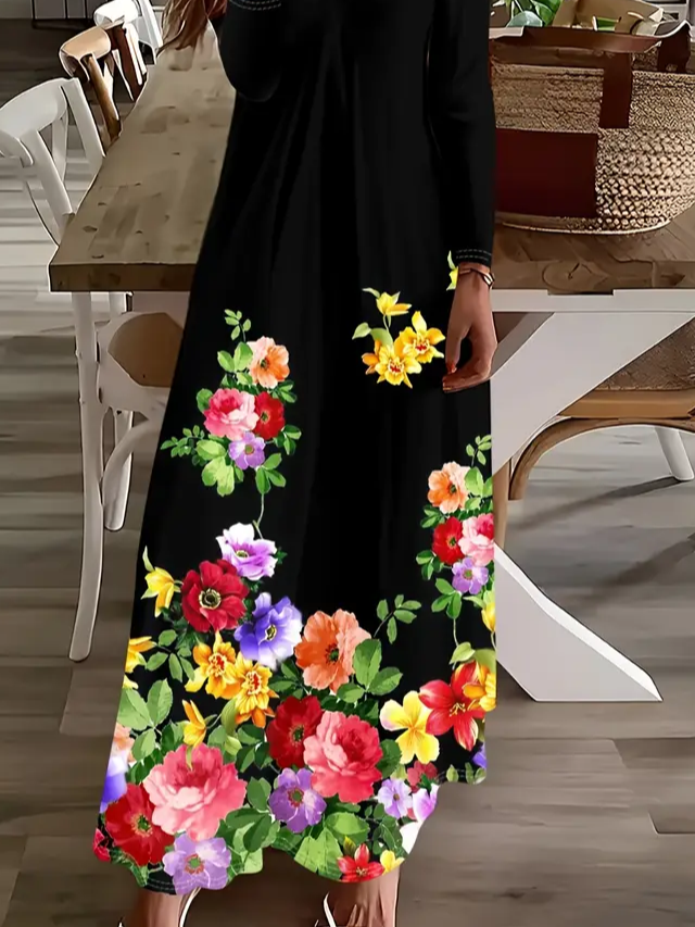 Women Abstract Long Sleeve Spring/Fall Printing Dress V Neck Daily Casual Maxi H-Line Dress