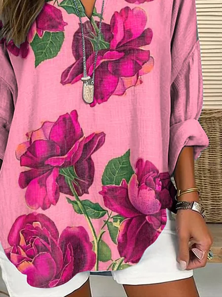 Women Floral Long Sleeve Blouse Spring/Fall Printing V Neck Daily Casual Top