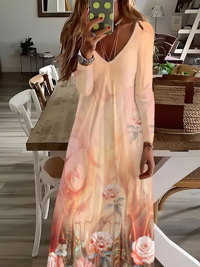 Women Floral Long Sleeve Spring/Fall Printing Dress V Neck Daily Casual Maxi H-Line Dress