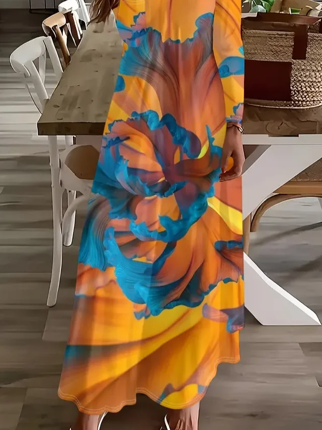 Women Abstract Long Sleeve Spring/Fall Printing Dress V Neck Daily Casual Maxi H-Line Dress
