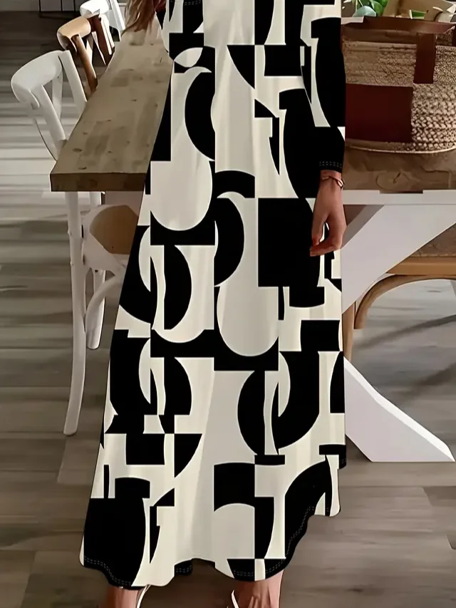 Women Abstract Long Sleeve Spring/Fall Printing Dress V Neck Daily Casual Maxi H-Line Dress