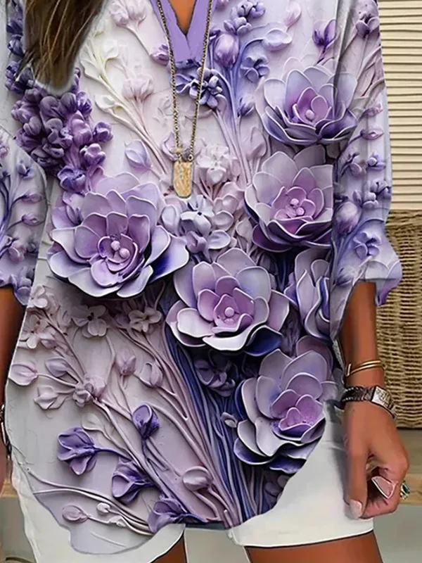 Women Floral Long Sleeve Blouse Spring/Fall Printing V Neck Daily Casual Top