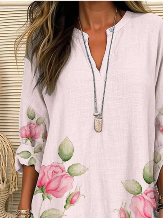 Women Floral Long Sleeve Blouse Spring/Fall Printing V Neck Daily Casual Top
