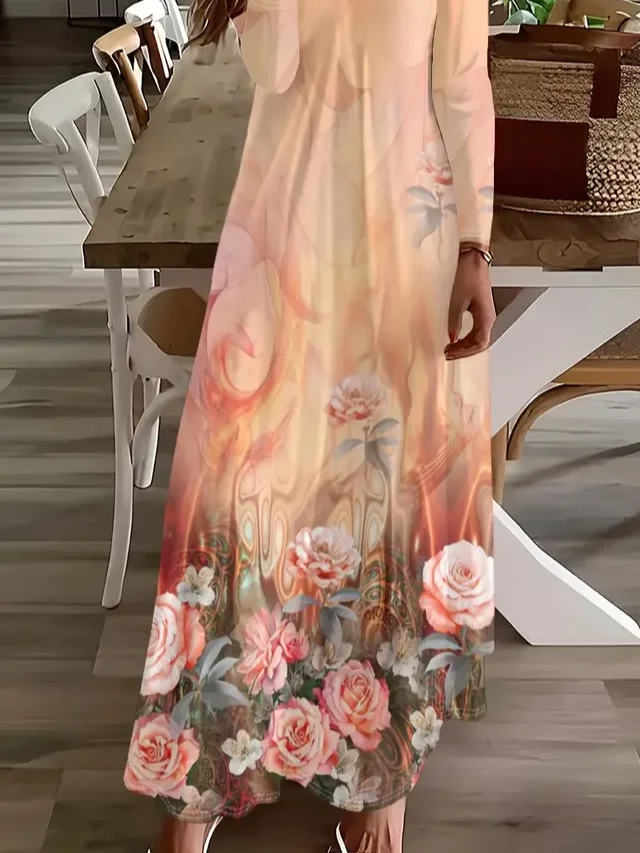Women Floral Long Sleeve Spring/Fall Printing Dress V Neck Daily Casual Maxi H-Line Dress