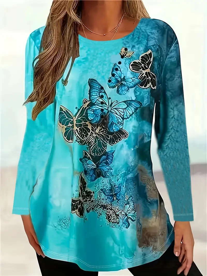 Women Butterfly Long Sleeve Tee T-shirt Crew Neck Printing Casual Spring/Fall Graphic Tee Top