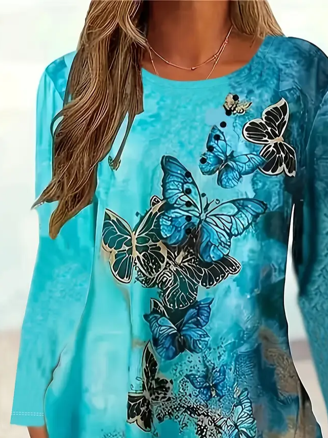 Women Butterfly Long Sleeve Tee T-shirt Crew Neck Printing Casual Spring/Fall Graphic Tee Top
