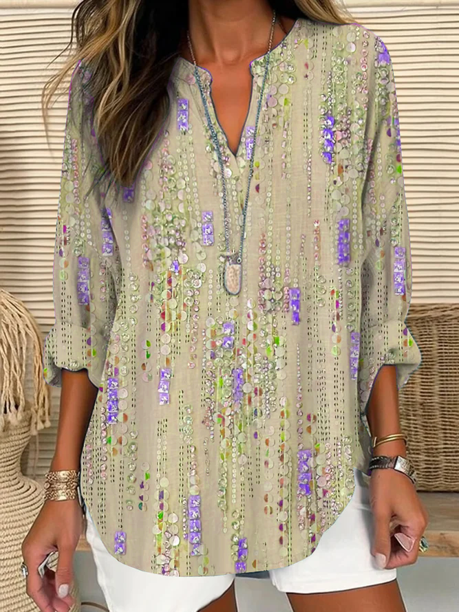 Women Abstract Long Sleeve Blouse Spring/Fall Printing V Neck Daily Casual Top