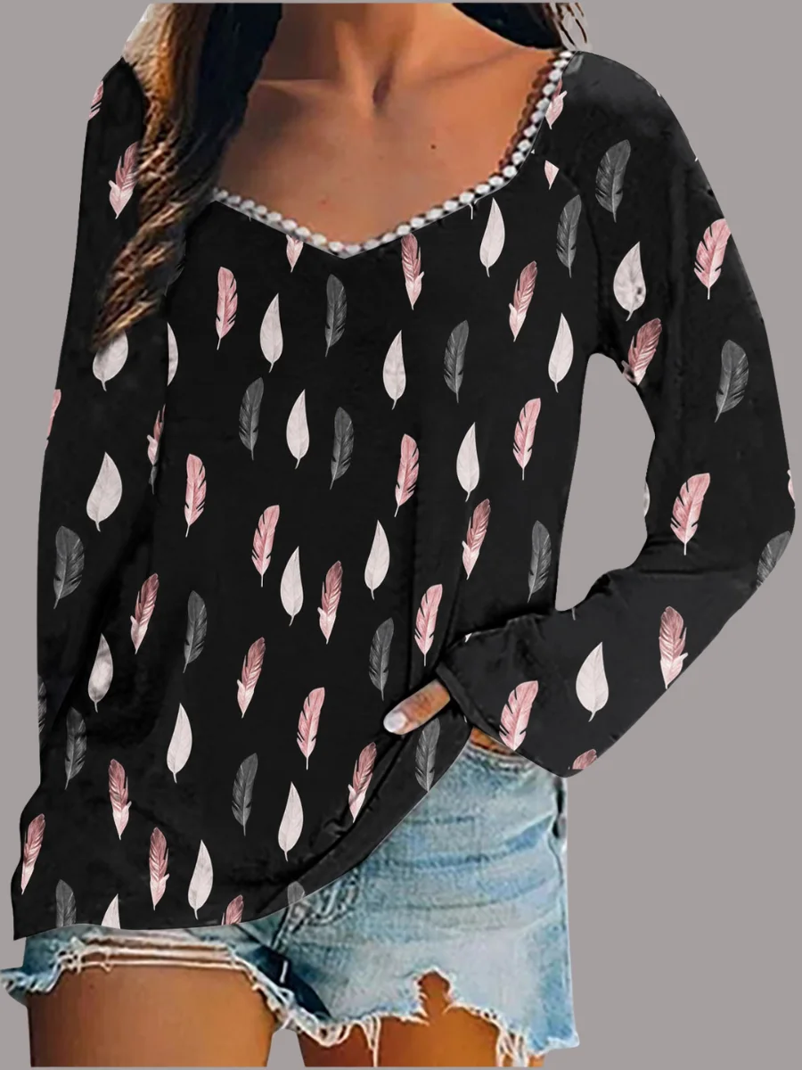 Women Geometric Long Sleeve Tee T-shirt Square Neck Printing Vintage Spring/Fall Top