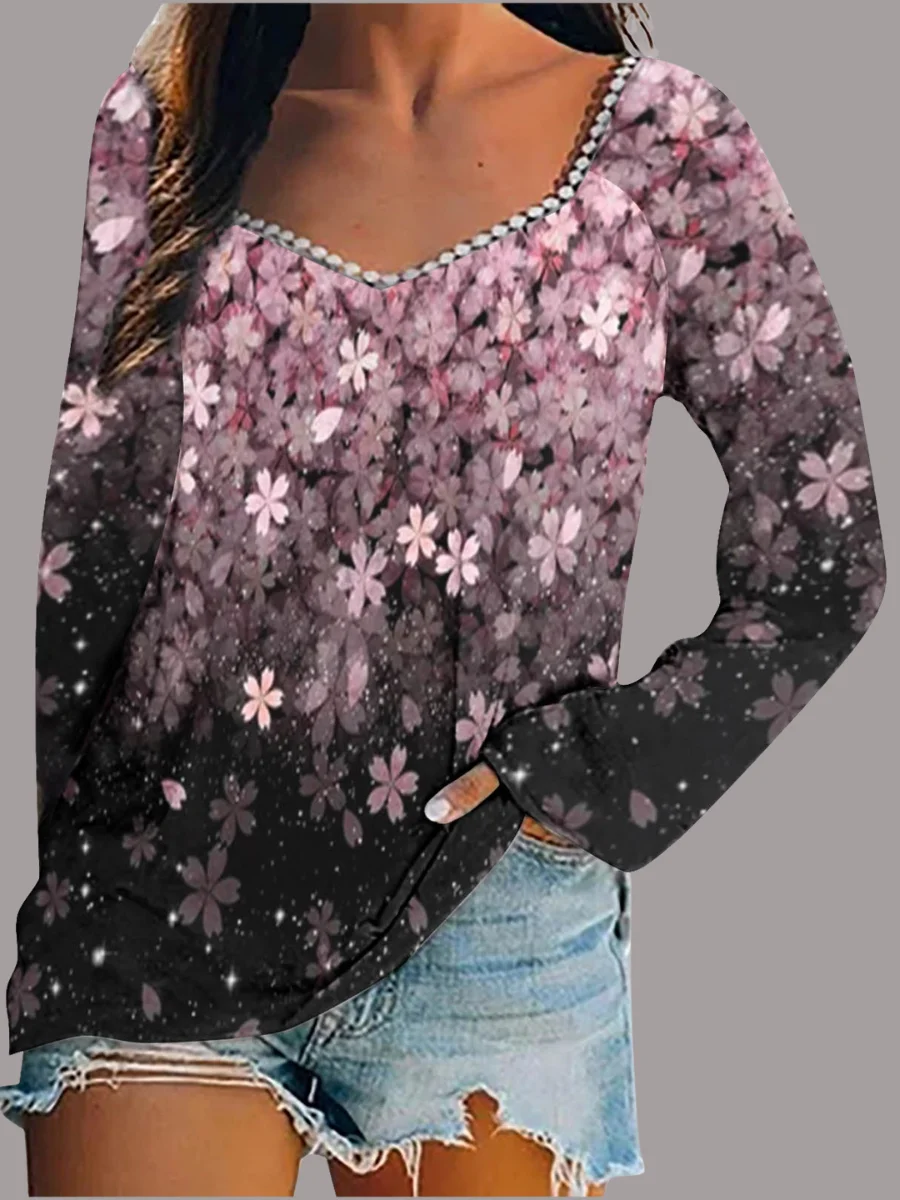 Women Geometric Long Sleeve Tee T-shirt Square Neck Printing Vintage Spring/Fall Top