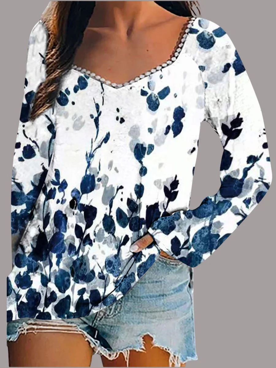Women Geometric Long Sleeve Tee T-shirt Square Neck Printing Vintage Spring/Fall Top