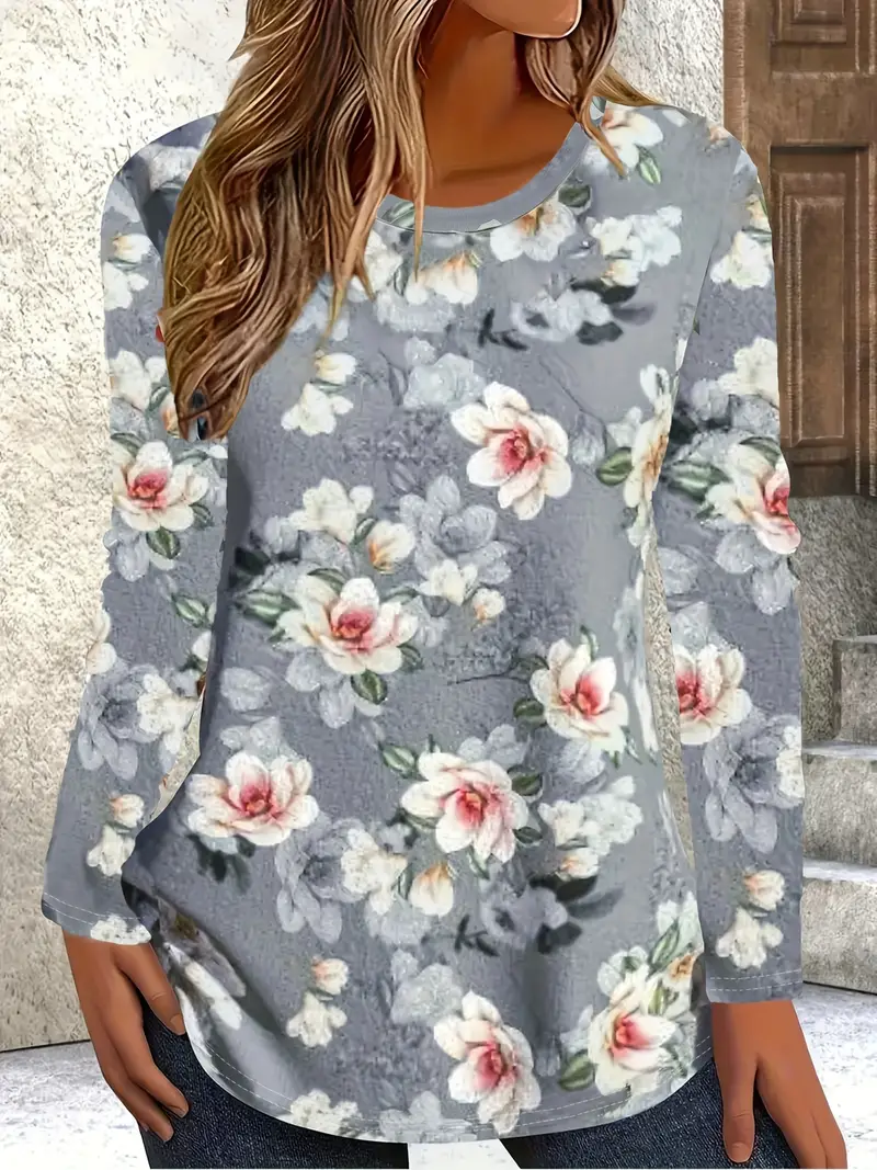 Women Floral Long Sleeve Tee T-shirt Crew Neck Printing Casual Spring/Fall Graphic Tee Top