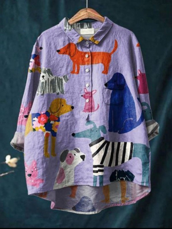 Women Polka Dots Long Sleeve Shirt Spring/Fall Printing Shawl Collar Daily Vintage Top