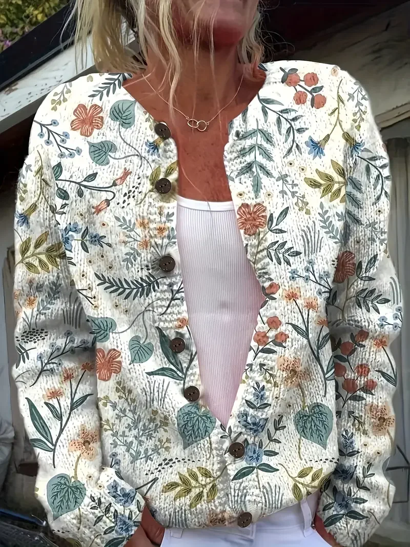 Women 3D Printing Vintage Spring/Fall Knitted Cardigan