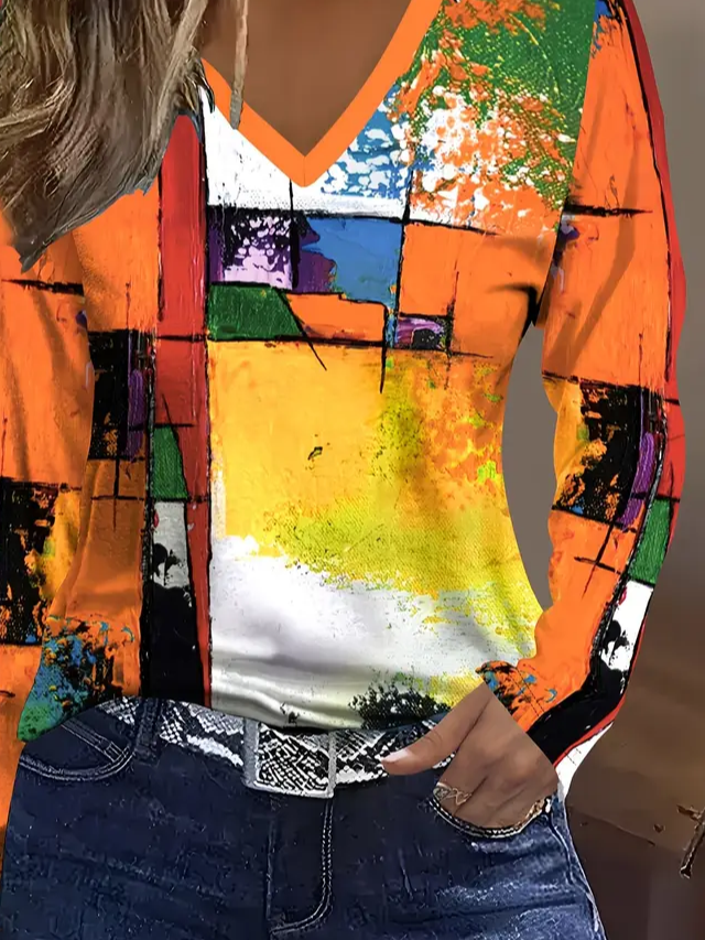 Women Abstract Long Sleeve Tee T-shirt V Neck Printing Casual Spring/Fall Graphic Tee Top