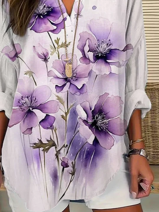 Women Floral Long Sleeve Blouse Spring/Fall Printing V Neck Daily Casual Top