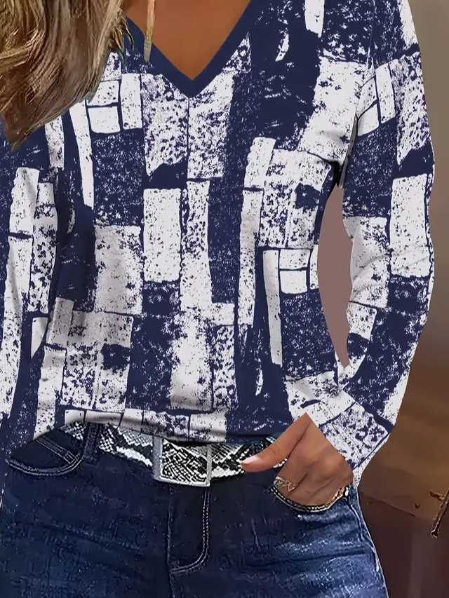 Women Abstract Long Sleeve Tee T-shirt V Neck Printing Casual Spring/Fall Graphic Tee Top