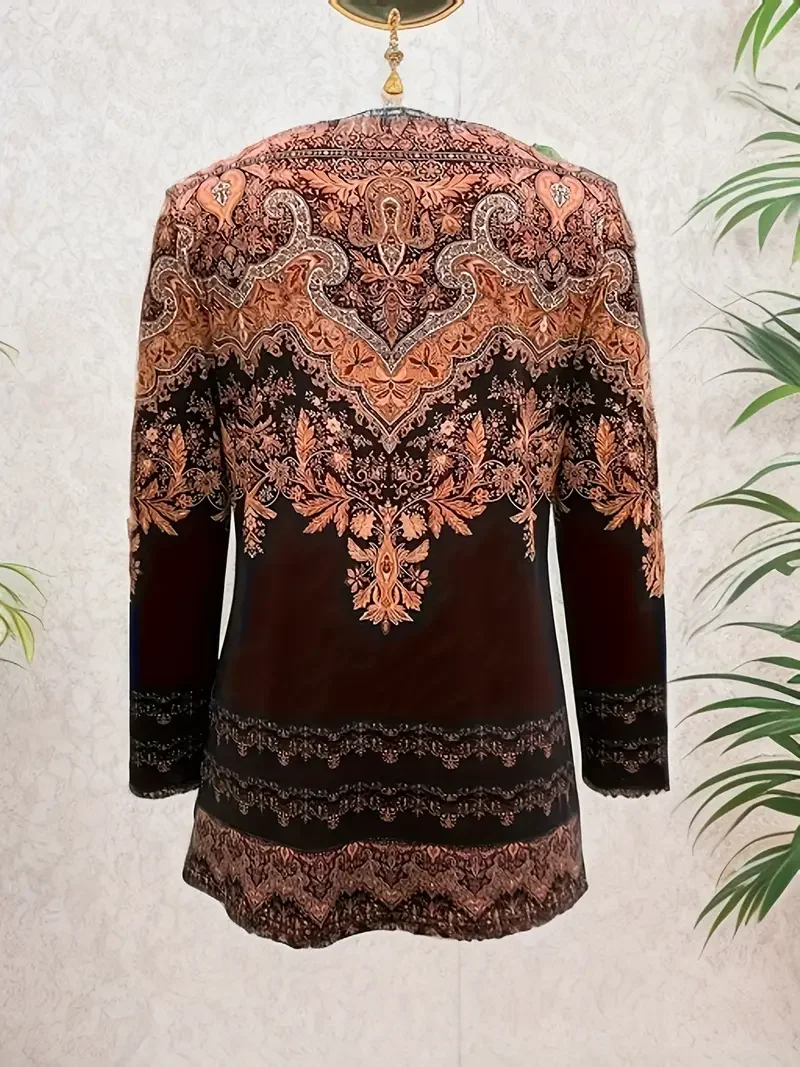 Women Ethnic Long Sleeve Tee T-shirt V Neck Printing Casual Spring/Fall Graphic Tee Top