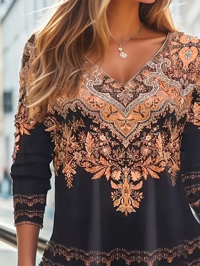 Women Ethnic Long Sleeve Tee T-shirt V Neck Printing Casual Spring/Fall Graphic Tee Top