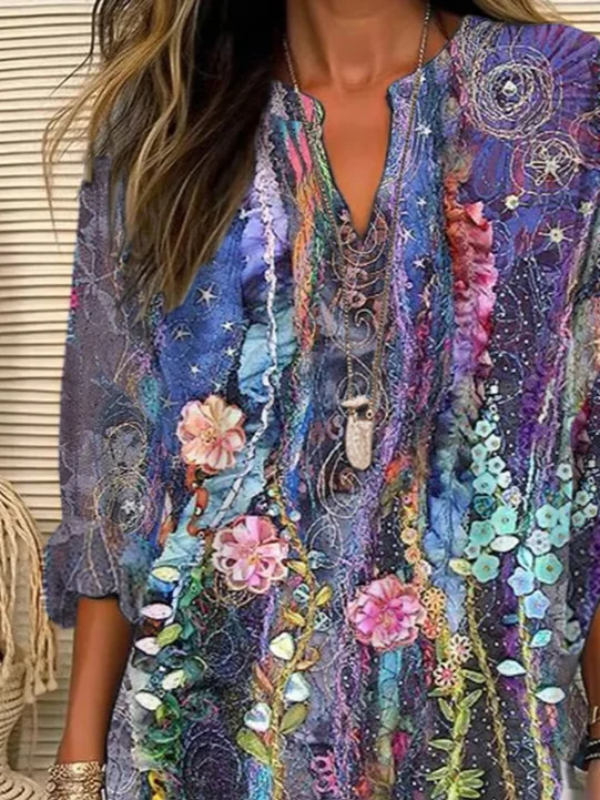 Women Floral Long Sleeve Blouse Spring/Fall Printing V Neck Daily Casual Top