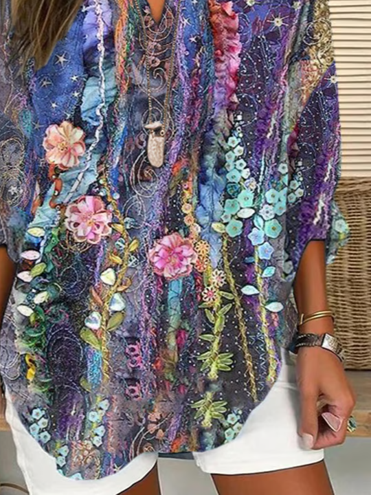 Women Floral Long Sleeve Blouse Spring/Fall Printing V Neck Daily Casual Top