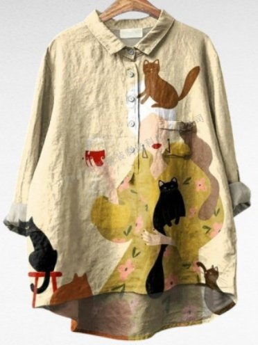 Women Polka Dots Long Sleeve Shirt Spring/Fall Printing Shawl Collar Daily Vintage Top