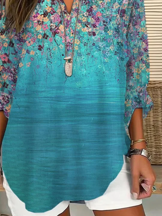 Women Floral Long Sleeve Blouse Spring/Fall Printing V Neck Daily Casual Top