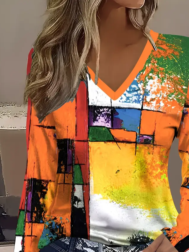Women Abstract Long Sleeve Tee T-shirt V Neck Printing Casual Spring/Fall Graphic Tee Top