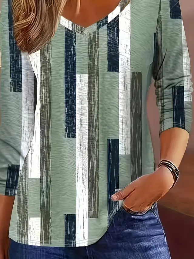 Women Geometric Long Sleeve Tee T-shirt V Neck Printing Casual Spring/Fall Graphic Tee Top