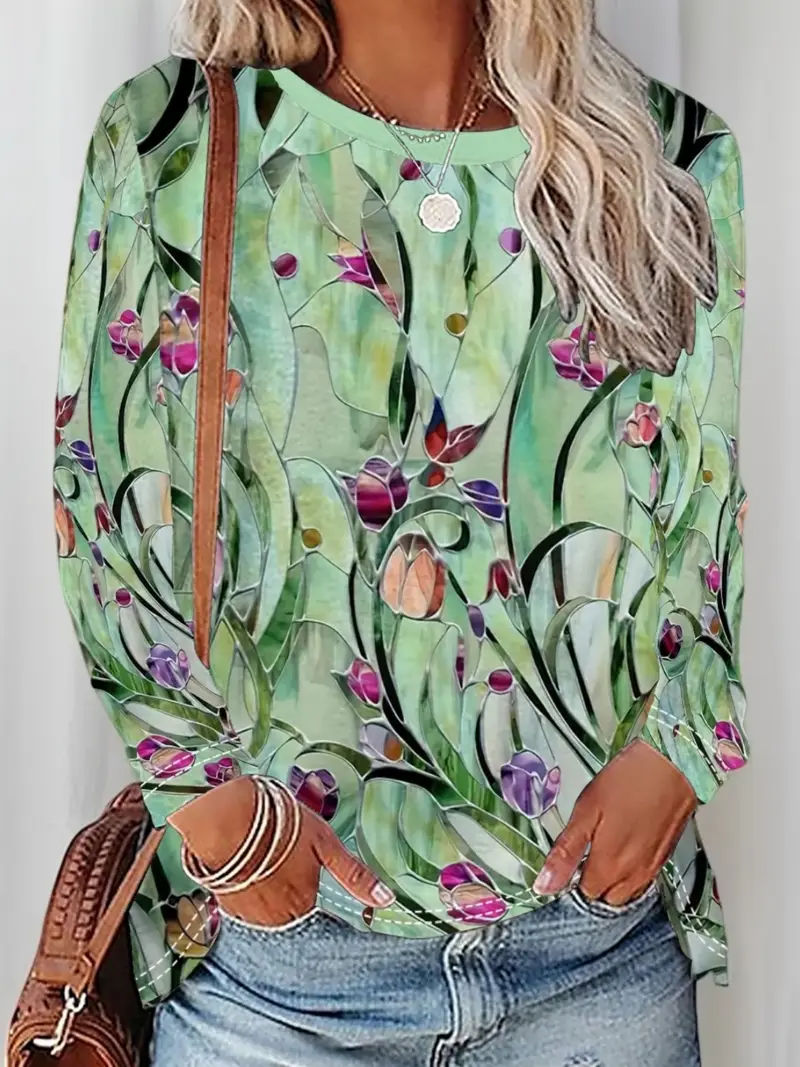 Women Floral Long Sleeve Tee T-shirt Crew Neck Printing Casual Spring/Fall Graphic Tee Top