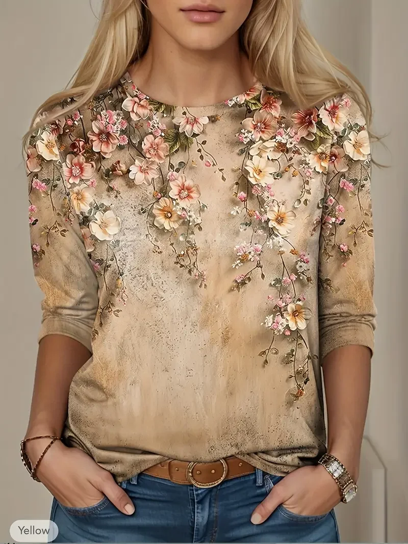 Women Floral Long Sleeve Tee T-shirt Crew Neck Printing Casual Spring/Fall Graphic Tee Top