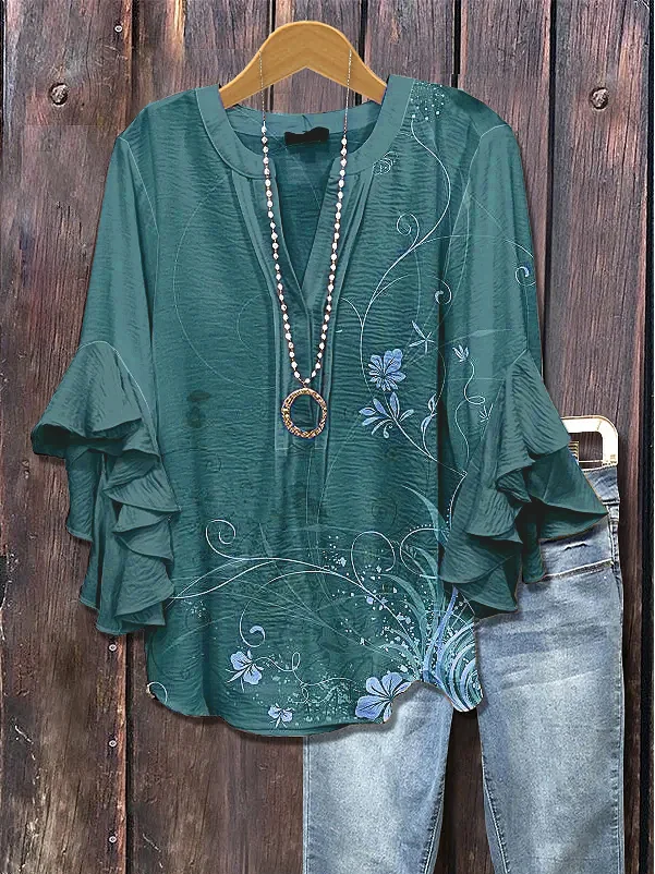 Women Floral Half Sleeve Shirt Summer Printing V Neck Daily Casual Top