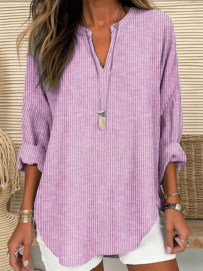 Women Striped Long Sleeve Blouse Spring/Fall Printing V Neck Daily Casual Top