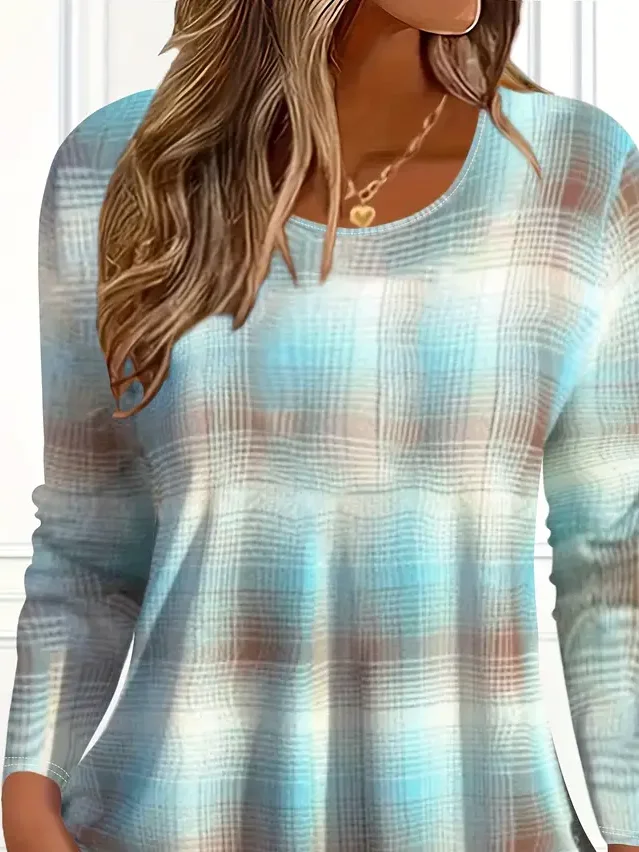 Women Abstract Plaid Long Sleeve Tee T-shirt Crew Neck Printing Casual Spring/Fall Graphic Tee Top