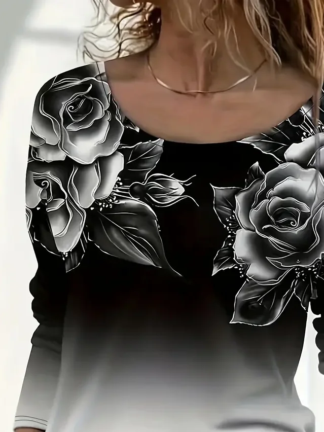 Women Floral Long Sleeve Tee T-shirt Crew Neck Printing Casual Spring/Fall Graphic Tee Top