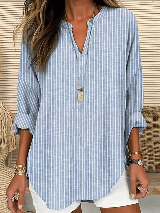 Women Striped Long Sleeve Blouse Spring/Fall Printing V Neck Daily Casual Top