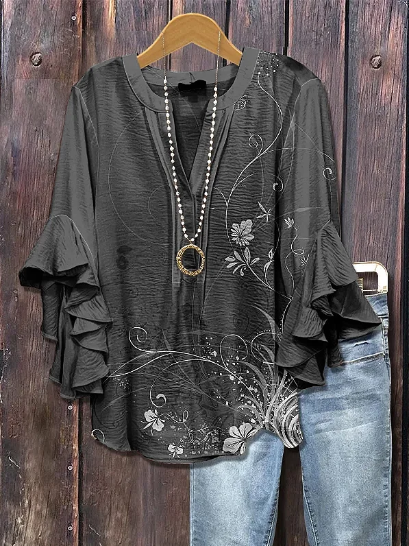 Women Floral Half Sleeve Shirt Summer Printing V Neck Daily Casual Top