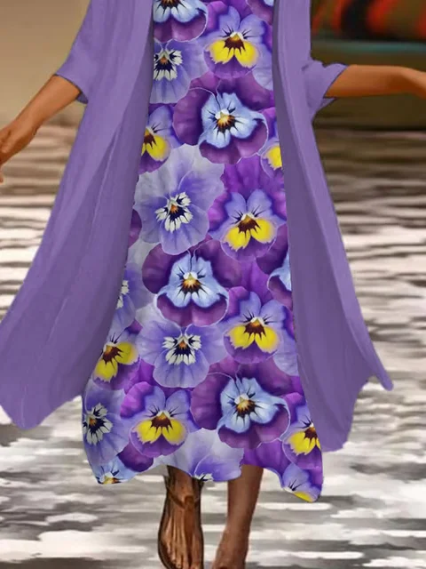 Women Floral Printing Two-Piece Set Daily Three Quarter Sleeve Casual Spring/Fall Coat With Skirt Matching Set