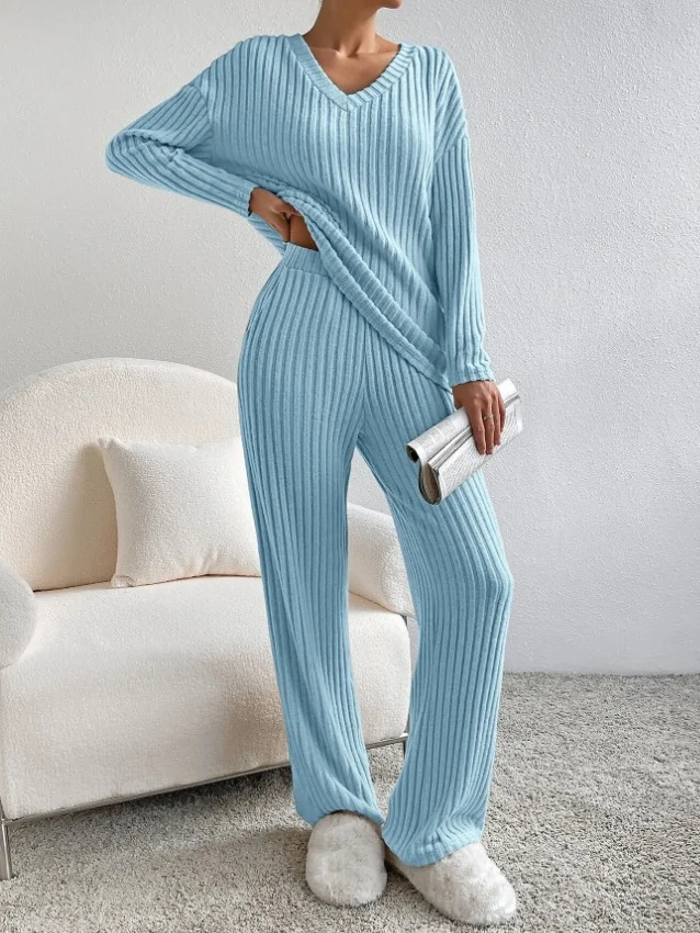 Women Plain Embossed Two-Piece Set Daily Long Sleeve Casual Spring/Fall Top With Pants Matching Set