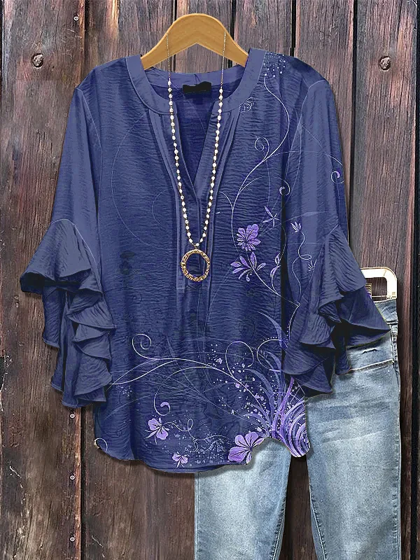 Women Floral Half Sleeve Shirt Summer Printing V Neck Daily Casual Top