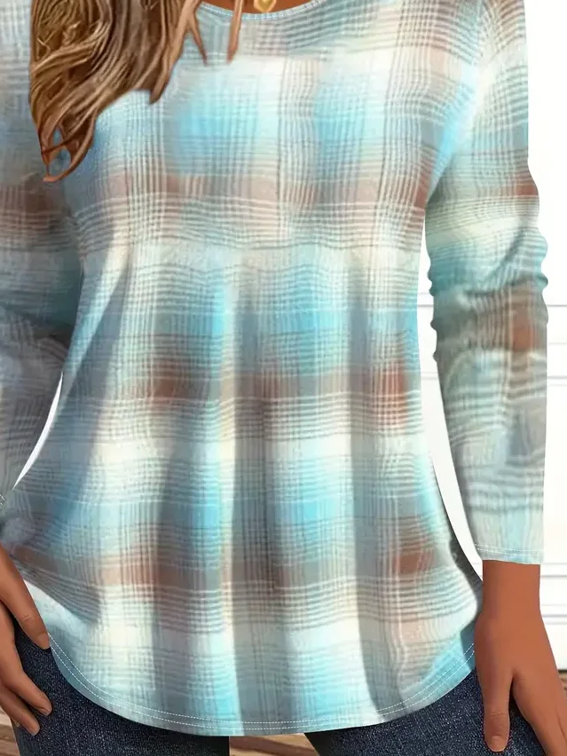 Women Abstract Plaid Long Sleeve Tee T-shirt Crew Neck Printing Casual Spring/Fall Graphic Tee Top