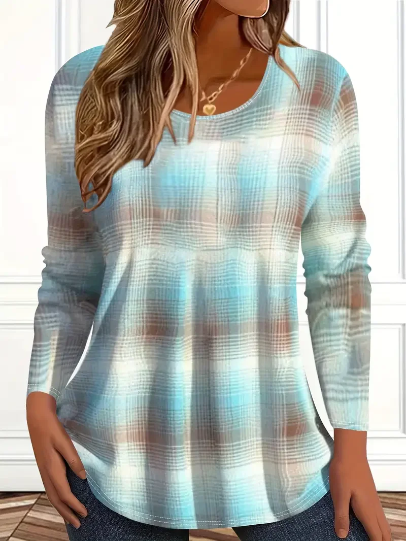 Women Abstract Plaid Long Sleeve Tee T-shirt Crew Neck Printing Casual Spring/Fall Graphic Tee Top