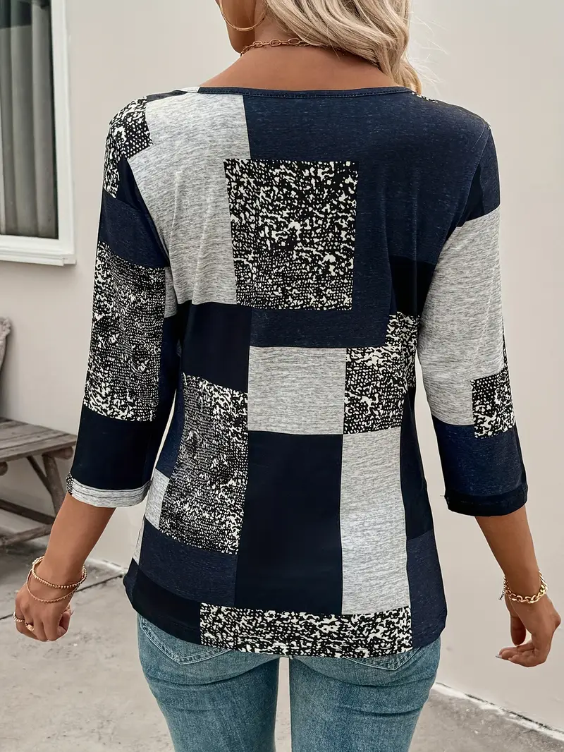 Women Abstract Three Quarter Sleeve Tee T-shirt Crew Neck Casual Spring/Fall Graphic Tee Top