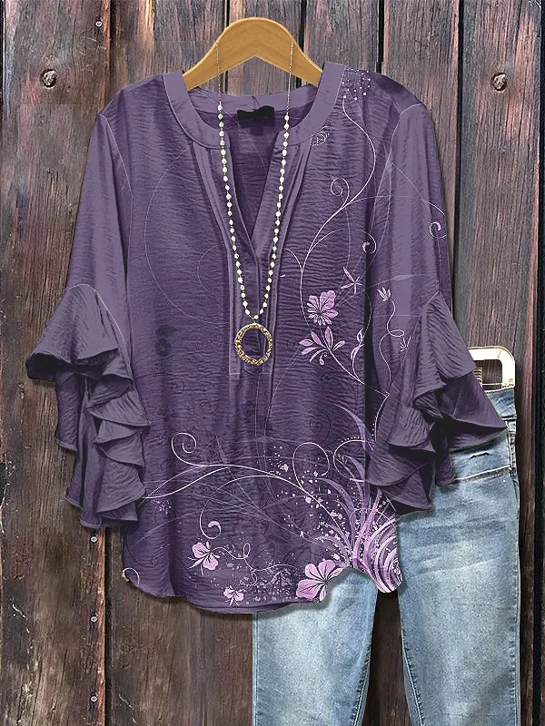 Women Floral Half Sleeve Shirt Summer Printing V Neck Daily Casual Top