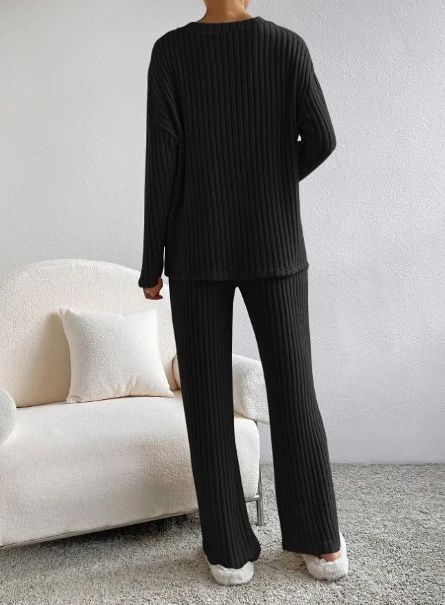 Women Plain Embossed Two-Piece Set Daily Long Sleeve Casual Spring/Fall Top With Pants Matching Set