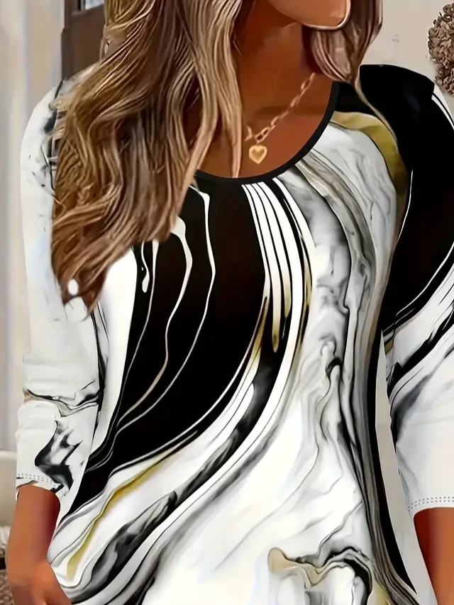 Women Abstract Long Sleeve Tee T-shirt Crew Neck Printing Casual Spring/Fall Graphic Tee Top