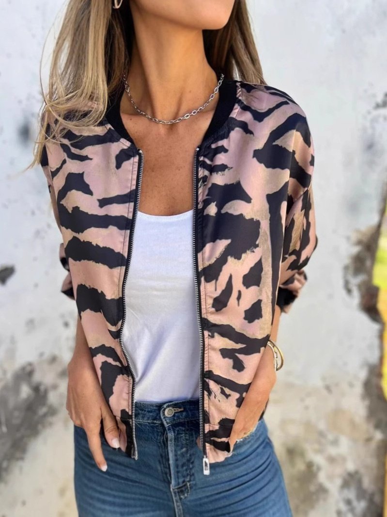 Women Spring/Fall Outerwear Vintage Printing Leopard Long Sleeve Stand Collar Jacket