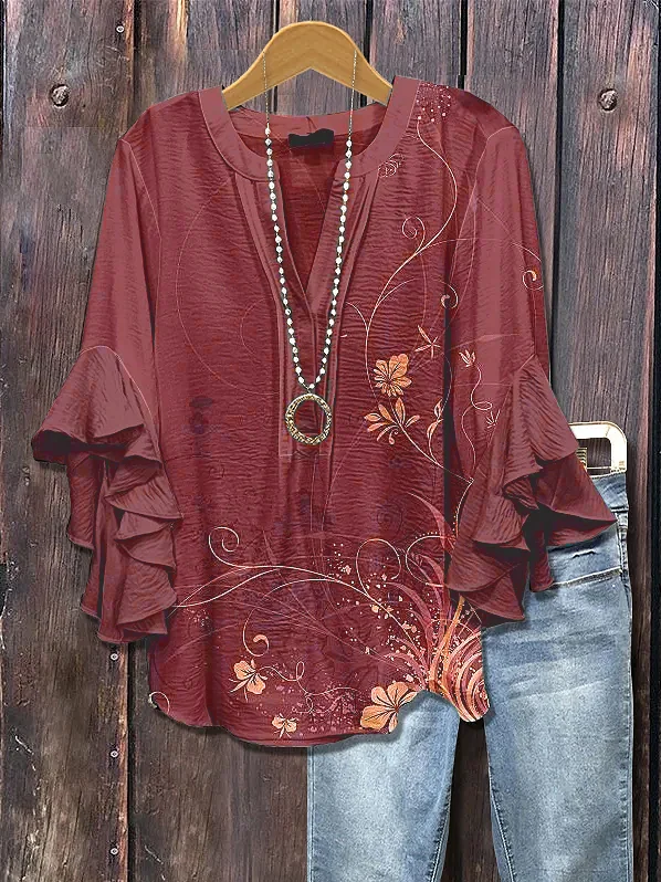 Women Floral Half Sleeve Shirt Summer Printing V Neck Daily Casual Top