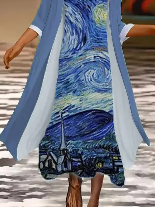 Women Paintings Printing Two-Piece Set Daily Three Quarter Sleeve Casual Spring/Fall Coat With Skirt Matching Set